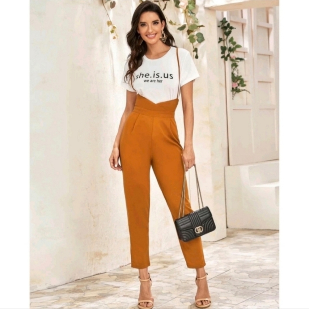 Criss Cross Back High Waist Suspender Jumpsuit Overalls Burnt Orange size Medium